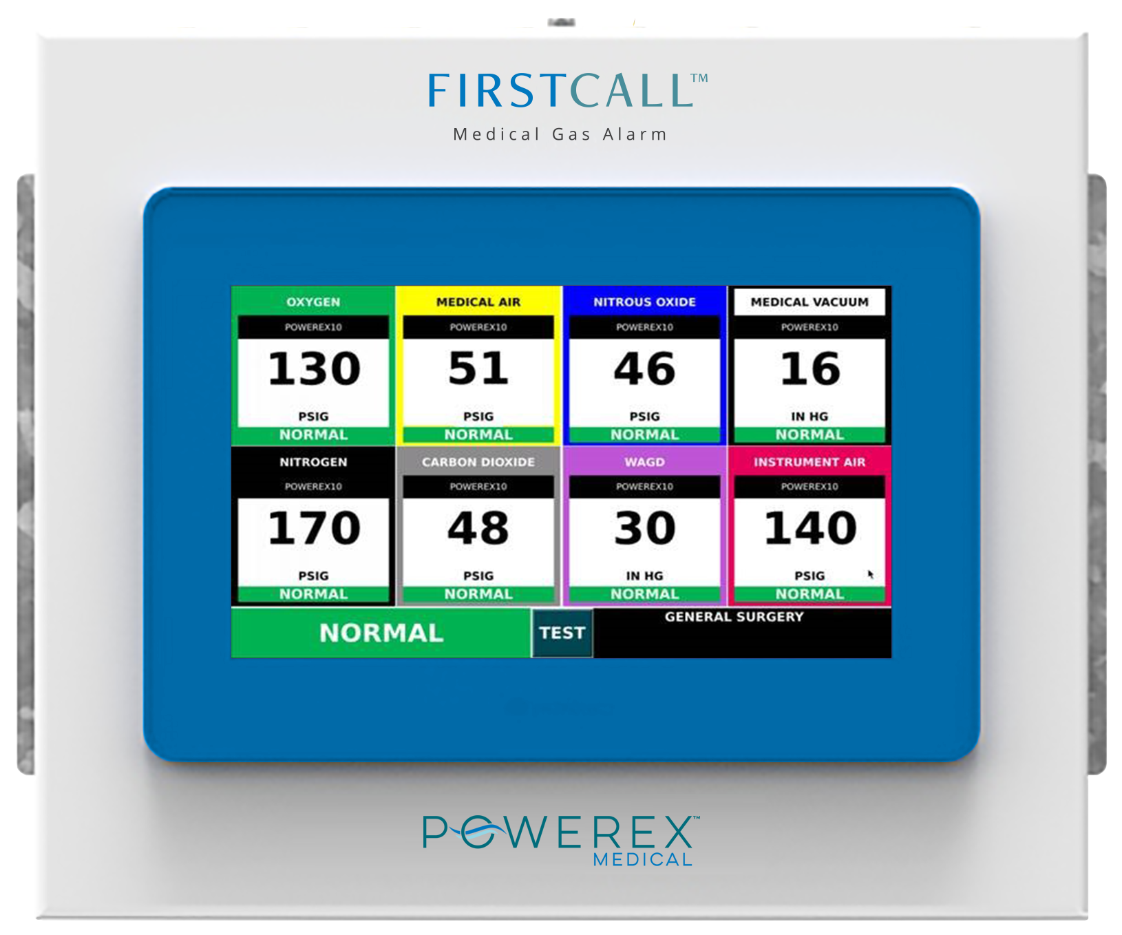 Area Alarm Panel with 10” screen and the gases: Oxygen, Medical Air, Nitrous Oxide, Medical Vacuum, Nitrogen, Carbon Dioxide, WAGD, Instrument Air