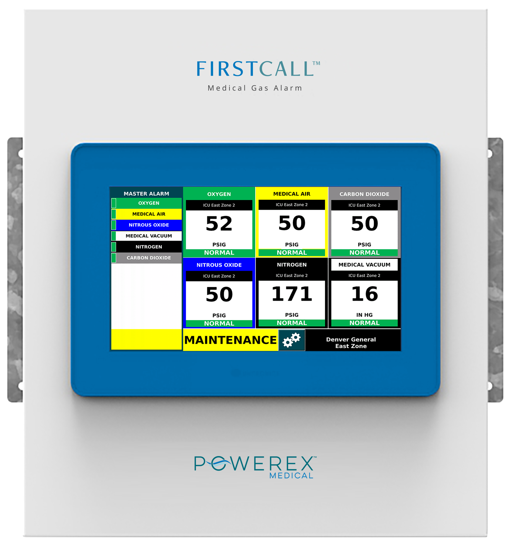 Combination Alarm Panel with 10” screen and the gases: Oxygen, Medical Air, Carbon Dioxide, Nitrous Oxide, Nitrogen, Medical Vacuum